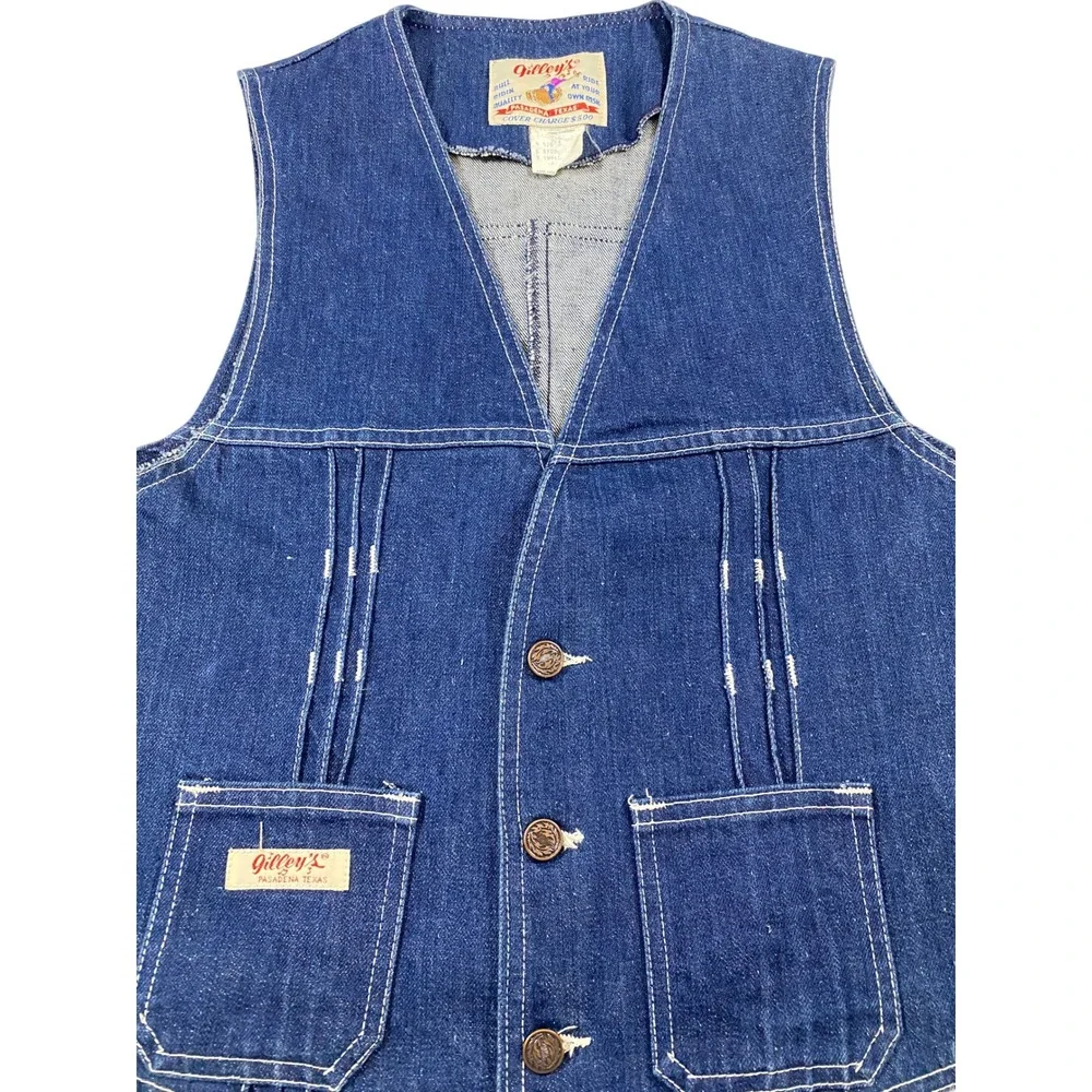 Vintage Gilleys Pasadena Texas Denim Western Vest Blue Mens‎ Small Bull Riding